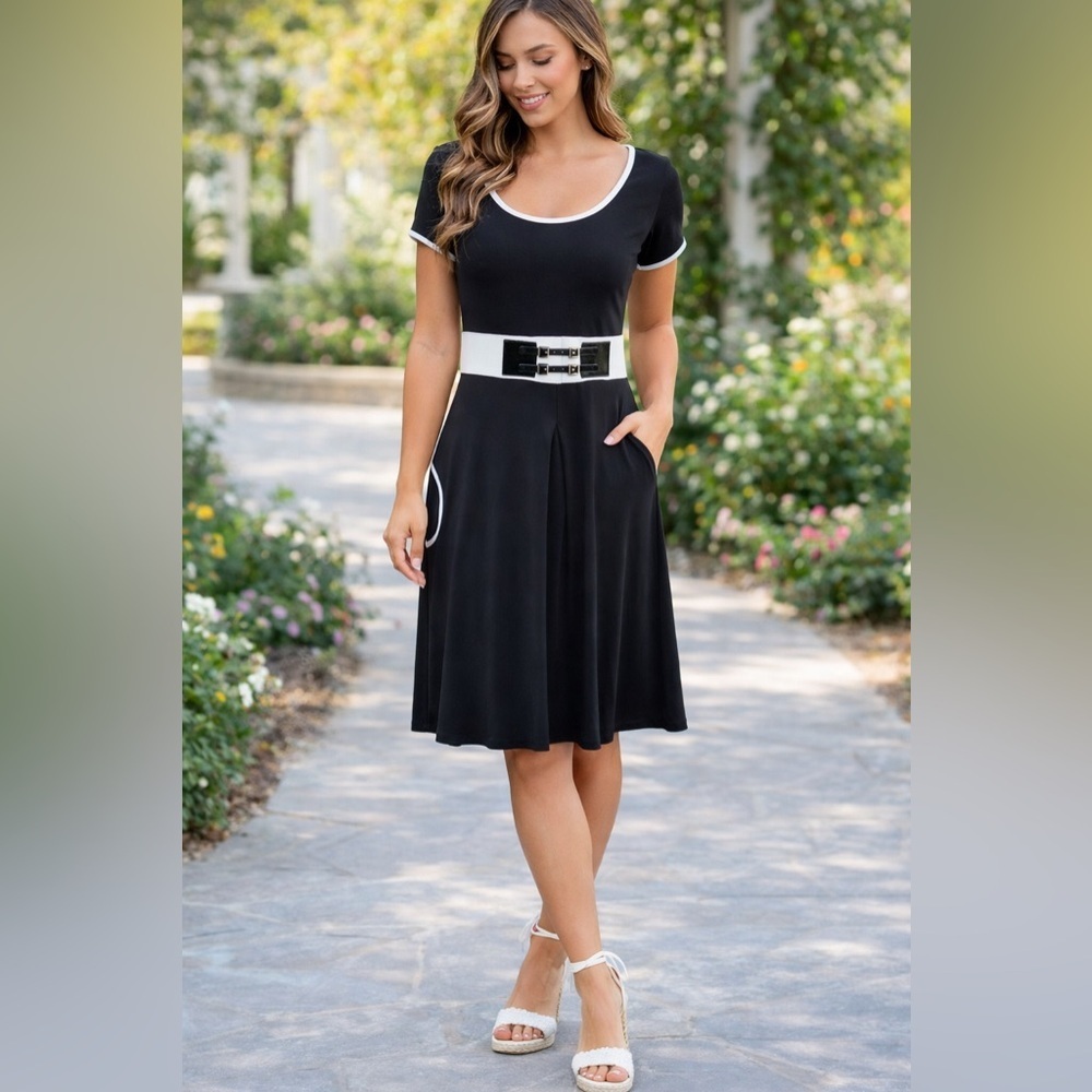 Joseph Ribkoff Black with White Trim Midi Dress Short Sleeve Belt Detail Size 6